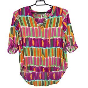 Womens Cato Multicolor Abstract Print Blouse 100% Polyester Roll Tab Sleeves L